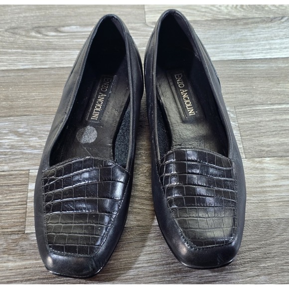 Enzo Angiolini Loafers Size 8M Black Leather Crocodile Print Flats - Picture 1 of 16